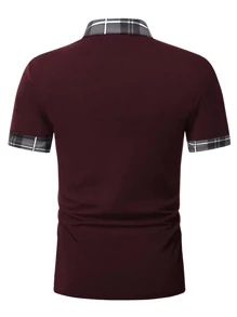 Manfinity Homme Áo thun có cổ Nam Nút Tương phản ren Sọc ca rô Lá thư Công việc - Màu Đỏ Sâu - Xem 2