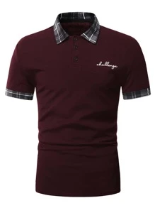 Manfinity Homme Áo thun có cổ Nam Nút Tương phản ren Sọc ca rô Lá thư Công việc - Màu Đỏ Sâu - Xem 3