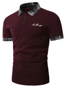 Manfinity Homme Áo thun có cổ Nam Nút Tương phản ren Sọc ca rô Lá thư Công việc - Màu Đỏ Sâu - Xem 4