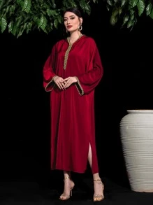 Al Najma Contrast Tape Split Hem Hooded Dress - Red - View 4