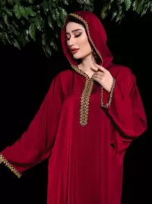 Al Najma Contrast Tape Split Hem Hooded Dress - Red - View 6