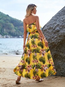 SHEIN VCAY Tropical Print Ruffle Trim Split Thigh Tube Dress - Multicolor - View 2