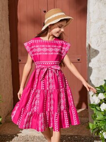 SHEIN Leap Crew 印花連衣裙-少女風格，寬鬆蝙蝠袖設計，鬆緊帶裙襬設計 - 彩色 - 查看 1