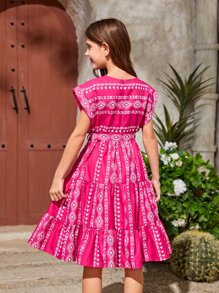 SHEIN Leap Crew 印花連衣裙-少女風格，寬鬆蝙蝠袖設計，鬆緊帶裙襬設計 - 彩色 - 查看 2