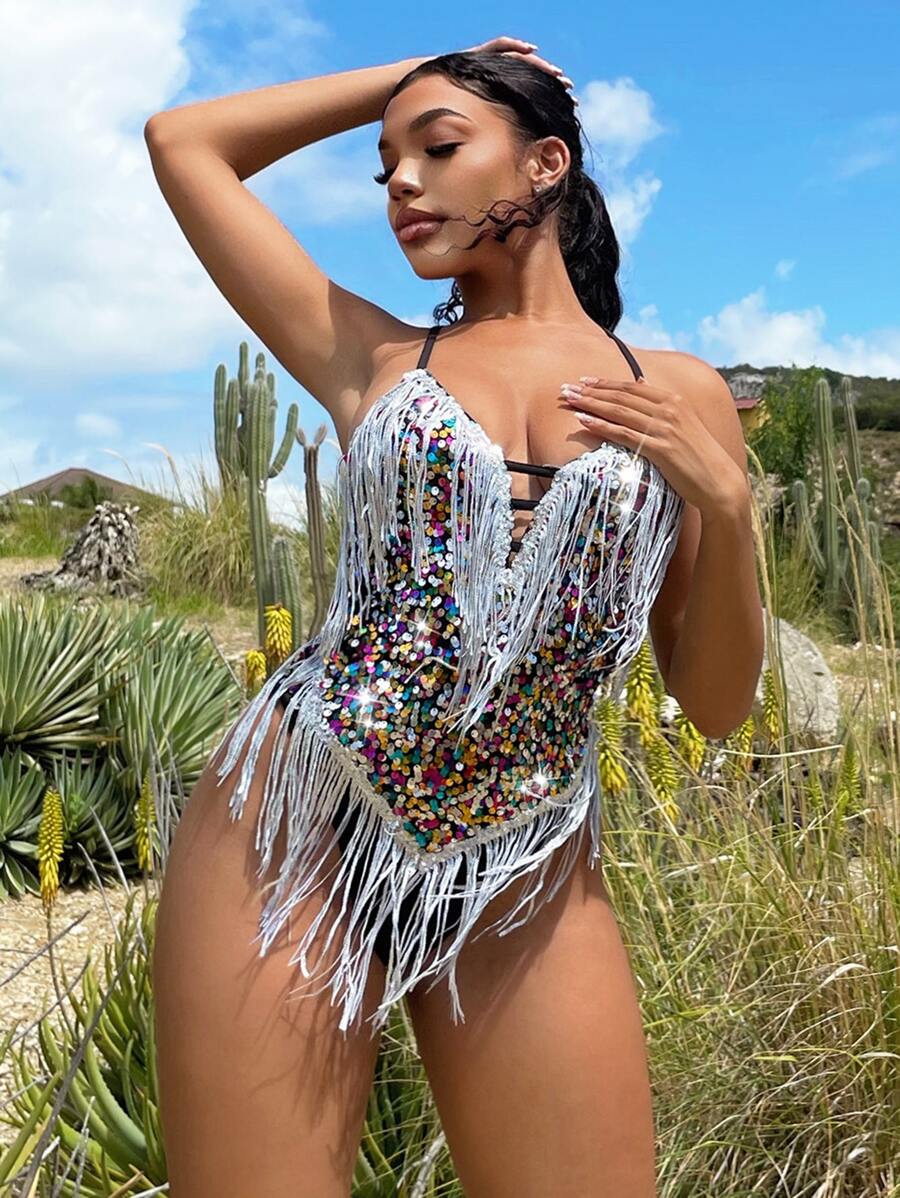 SHEIN SXY 流蘇邊亮片吊帶連體衣 - 彩色 - 查看 1