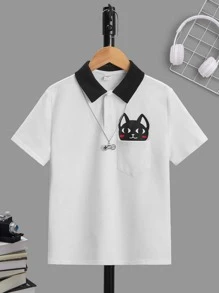 SHEIN Boys Cartoon Graphic Contrast Collar Polo Shirt - White - View 1