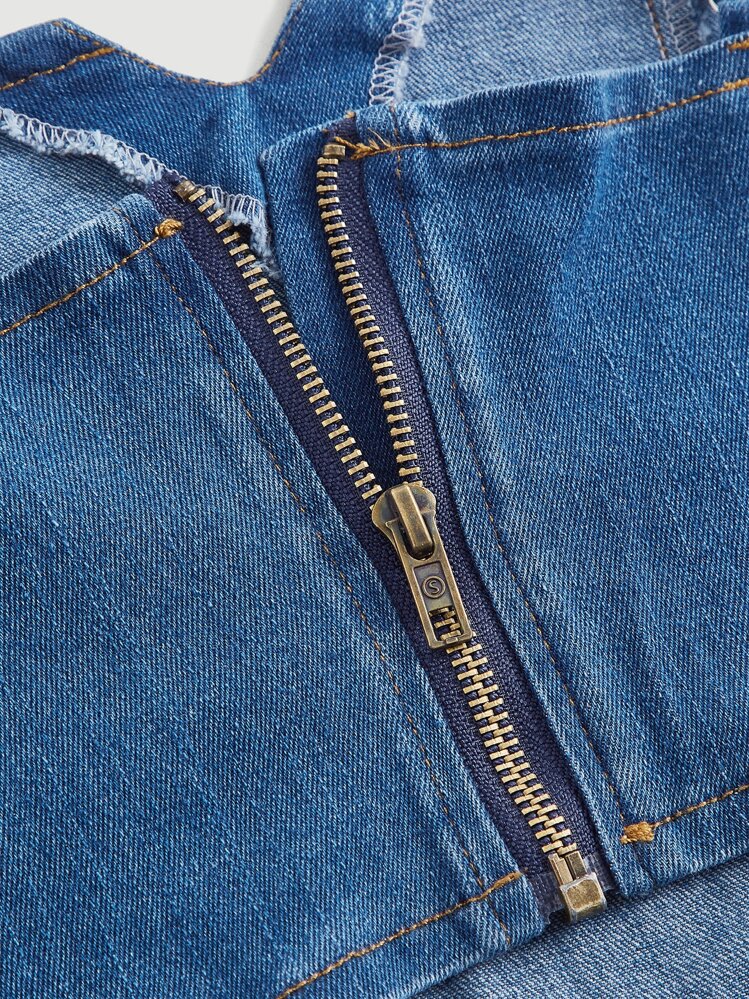 SHEIN MOD רוכסן אסימטרי פשוט קז'ואל חולצות ג'ינס במידות גדולות - כהה שטוף - ראה 4