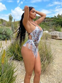 SHEIN SXY 流蘇邊亮片吊帶連體衣 - 彩色 - 查看 5