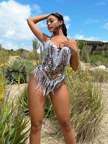 SHEIN SXY 流蘇邊亮片吊帶連體衣 - 彩色 - 查看 6