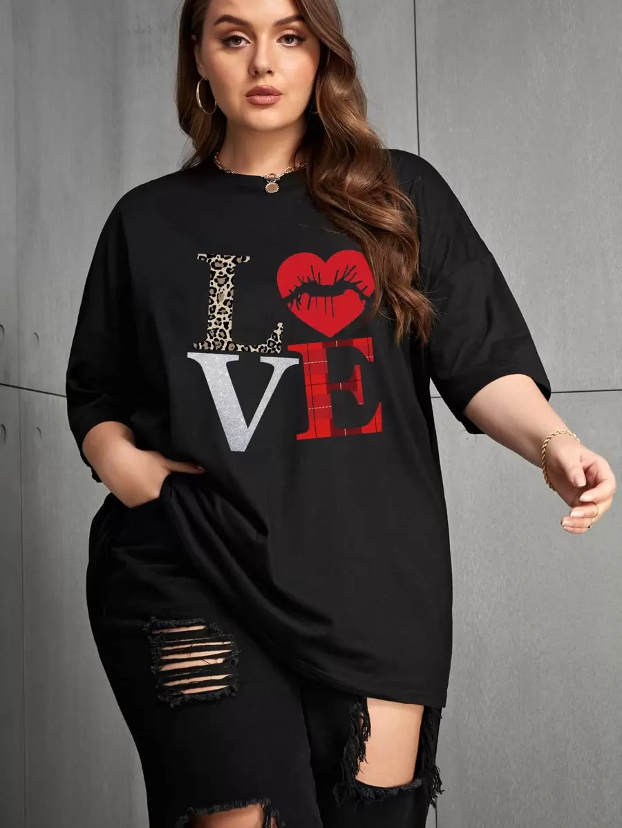 INAWLY Áo thun hở vai họa tiết trái tim và chữ Plus, Áo nữ, Mùa hè - màu đen - Xem 1