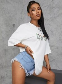 INAWLY Planten Print Drop Schouder Tee Grafische Tees Dames Tops