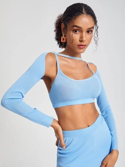 Renzi Designer Solid Crop Cami Knit Top With Bolero, Women Top, For Holiday, Vacation, Going Out, Festival, Ibiza Fits