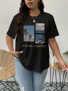 SHEIN LUNE Áo thun Plus size Nhiệt đới Slogan Giải trí - màu đen - Xem 1