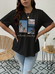 SHEIN LUNE Áo thun Plus size Nhiệt đới Slogan Giải trí - màu đen - Xem 3