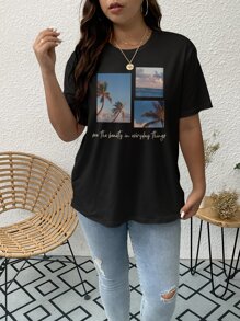 SHEIN LUNE Áo thun Plus size Nhiệt đới Slogan Giải trí - màu đen - Xem 4