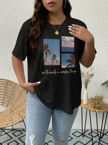 SHEIN LUNE Áo thun Plus size Nhiệt đới Slogan Giải trí - màu đen - Xem 5