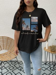 SHEIN LUNE Áo thun Plus size Nhiệt đới Slogan Giải trí - màu đen - Xem 6