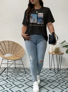 SHEIN LUNE Áo thun Plus size Nhiệt đới Slogan Giải trí - màu đen - Xem 7