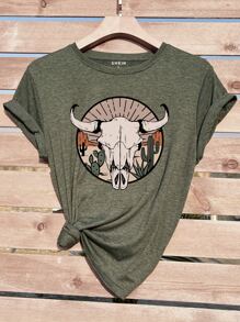 INAWLY Camiseta con gráfico de estampado de ganado y cactus para mujeres - Verde Oscuro - Ver 1