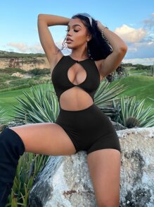 SHEIN SXY 前鏤空彈力緊身連體短褲 - 黑色 - 查看 3