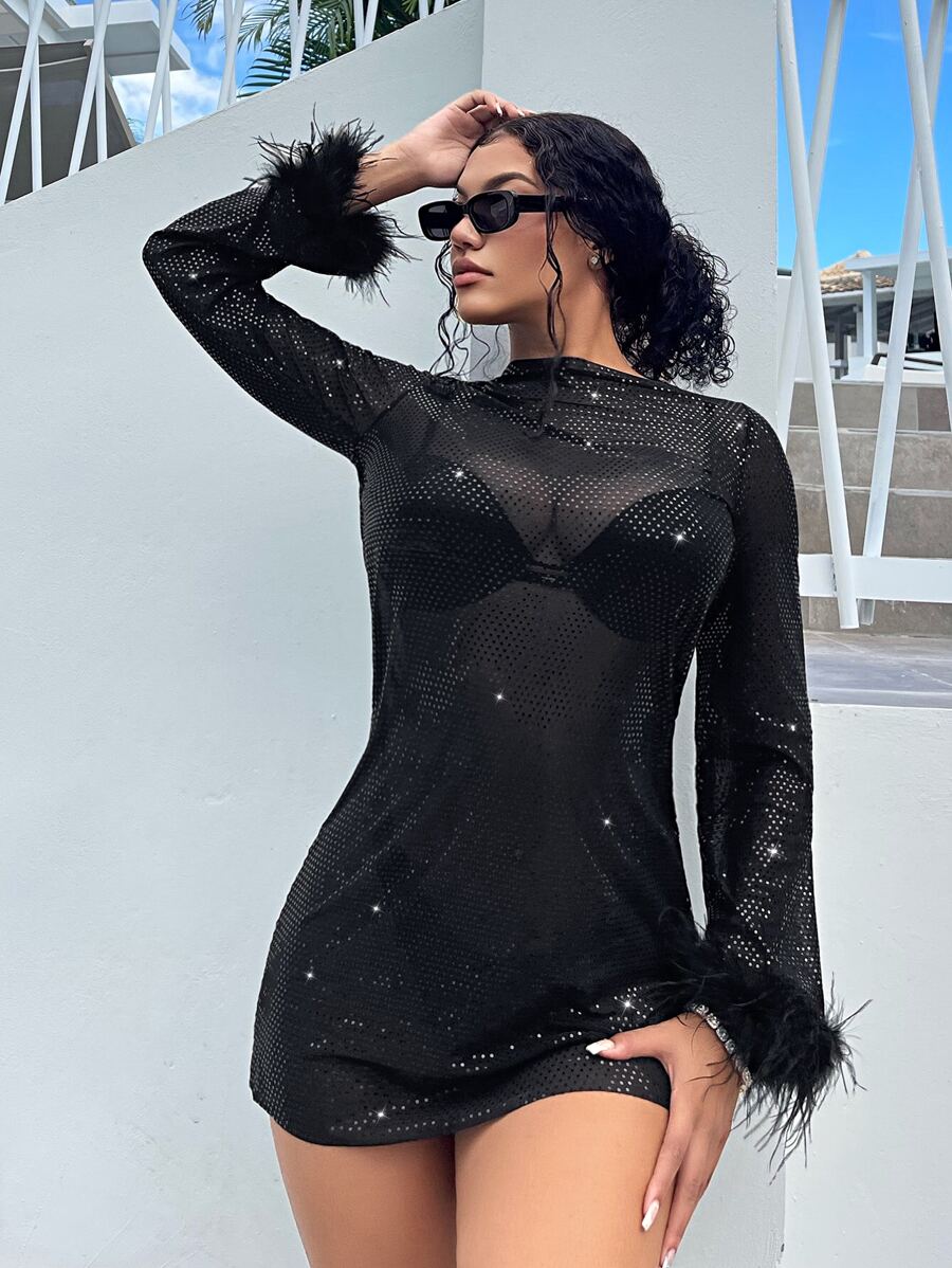 SHEIN SXY Đầm Tương phản lông thú giả cắt màu trơn Buổi tiệc - màu đen - Xem 1