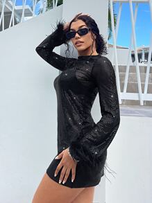 SHEIN SXY Đầm Tương phản lông thú giả cắt màu trơn Buổi tiệc - màu đen - Xem 3
