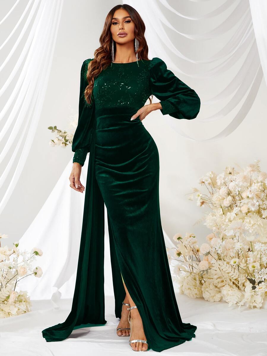 YISIKADO Đầm nhung thêu xẻ đùi tay đèn lồng Đầm dạ hội dáng ôm thanh lịch cho nữ Đầm dài dự tiệc tối trang trọng - Màu xanh lá cây đậm - Xem 1