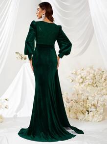 YISIKADO Đầm nhung thêu xẻ đùi tay đèn lồng Đầm dạ hội dáng ôm thanh lịch cho nữ Đầm dài dự tiệc tối trang trọng - Màu xanh lá cây đậm - Xem 2