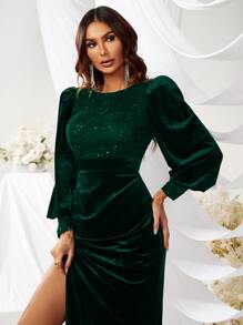 YISIKADO Đầm nhung thêu xẻ đùi tay đèn lồng Đầm dạ hội dáng ôm thanh lịch cho nữ Đầm dài dự tiệc tối trang trọng - Màu xanh lá cây đậm - Xem 4