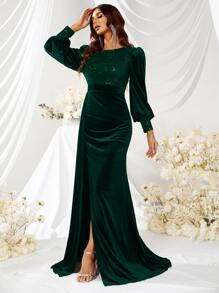 YISIKADO Đầm nhung thêu xẻ đùi tay đèn lồng Đầm dạ hội dáng ôm thanh lịch cho nữ Đầm dài dự tiệc tối trang trọng - Màu xanh lá cây đậm - Xem 5
