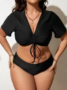 Swim Lushoire 大码纯色前抽绳比基尼上衣夏季 - 黑色 - 查看 1