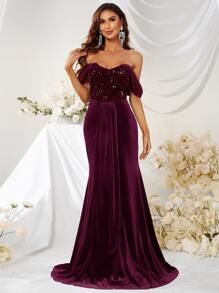 YISIKADO Off Shoulder Contrast Sequin Floor Length Formal Dress - Maroon - View 1