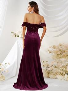 YISIKADO Off Shoulder Contrast Sequin Floor Length Formal Dress - Maroon - View 2