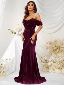 YISIKADO Off Shoulder Contrast Sequin Floor Length Formal Dress - Maroon - View 3