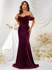 YISIKADO Off Shoulder Contrast Sequin Floor Length Formal Dress - Maroon - View 5