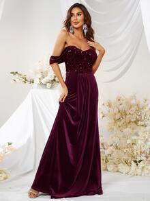 YISIKADO Off Shoulder Contrast Sequin Floor Length Formal Dress - Maroon - View 6