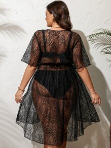 Kimono con estampado floral de cintura con cordón sin set bikini - Negro - Ver 2