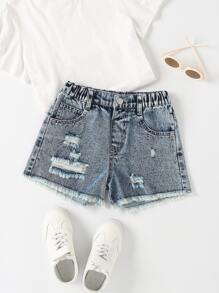 Tween Girl Ripped Raw Hem Denim Shorts - Medium Wash - View 1