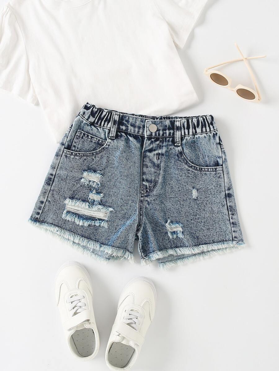 Tween Girl Ripped Raw Hem Denim Shorts - Medium Wash - View 1