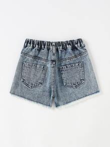 Tween Girl Ripped Raw Hem Denim Shorts - Medium Wash - View 2