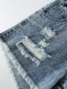 Tween Girl Ripped Raw Hem Denim Shorts - Medium Wash - View 4