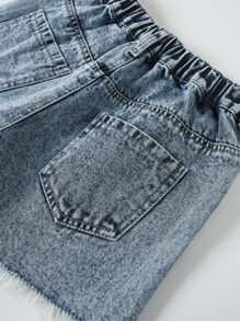 Tween Girl Ripped Raw Hem Denim Shorts - Medium Wash - View 5