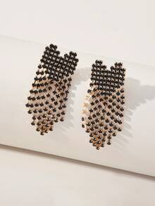 Rhinestone Tassel Drop Earrings - Black - View 1