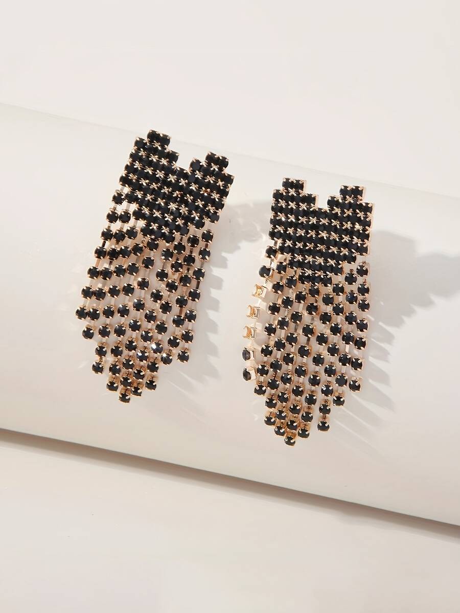 Rhinestone Tassel Drop Earrings - Black - View 1