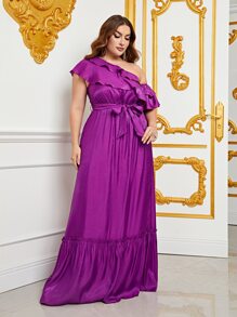 大碼不對稱領荷葉邊繫腰帶連衣裙 - 紫色 - 查看 4