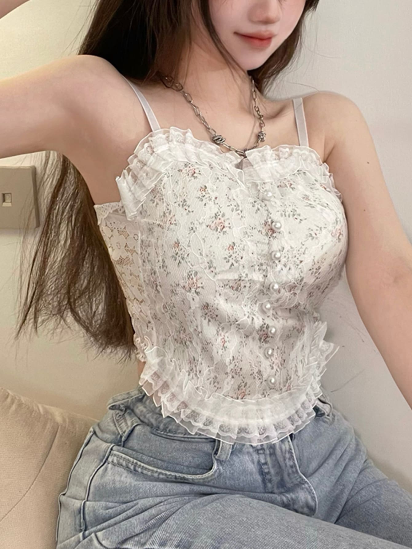 花卉圖案褶邊吊帶上衣 - 白色 - 查看 1