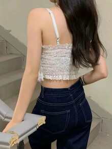 花卉圖案褶邊吊帶上衣 - 白色 - 查看 2