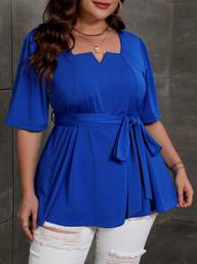 SHEIN Clasi Áo thun Plus size Thắt lưng màu trơn Giải trí - Xanh đậm - Xem 1