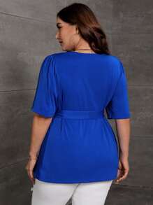 SHEIN Clasi Áo thun Plus size Thắt lưng màu trơn Giải trí - Xanh đậm - Xem 2