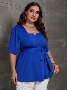 SHEIN Clasi Áo thun Plus size Thắt lưng màu trơn Giải trí - Xanh đậm - Xem 4